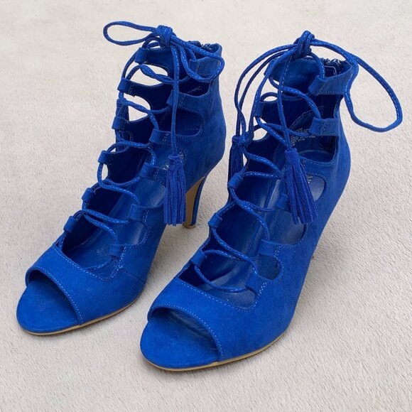 Nine West Briagd Faux Suede Lace Up Ghillie Peep Toe Stilettos Sz6 - Picture 4 of 15